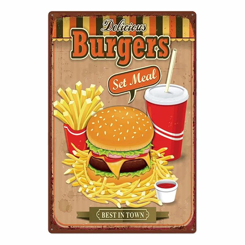 Hamburger Metallschild Plakette Vintage Burger und Pommes Metall Küche Restaurant Laden Wanddeko 8x12 Zoll