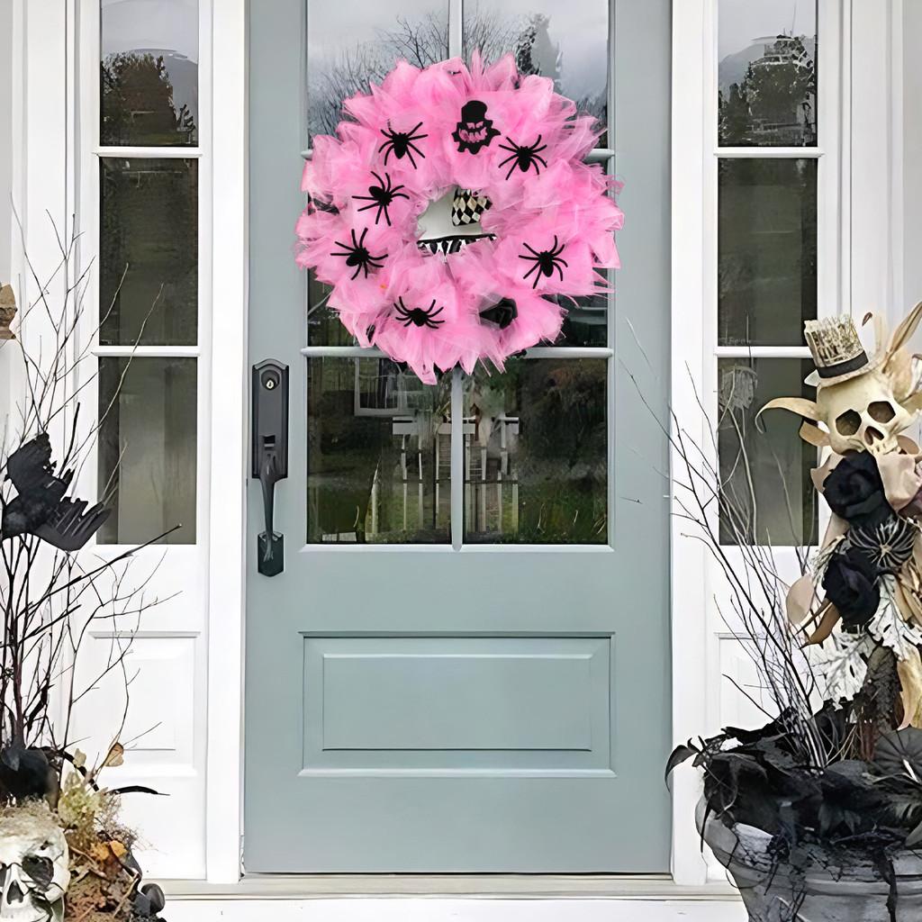 Halloween Pink Spider Wreath Door Hanging Ornament For Party Decor Venue Setup