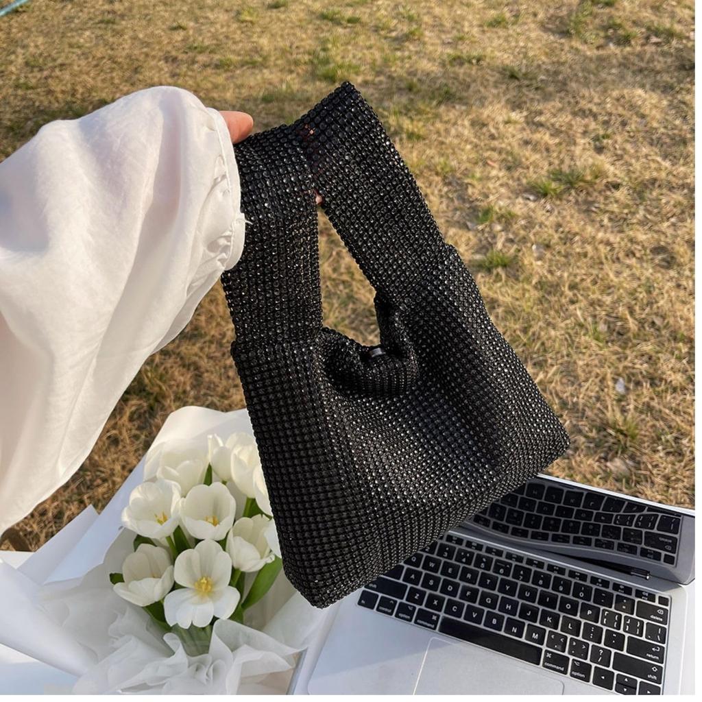 Harugio Sparkly Rhinestone Bag, Women's Handbag, Small Mini Tote Bag, Party Bag, Pouch, Party Bag, Silver and Black, Stylish, Cute, Trendy, Perfect