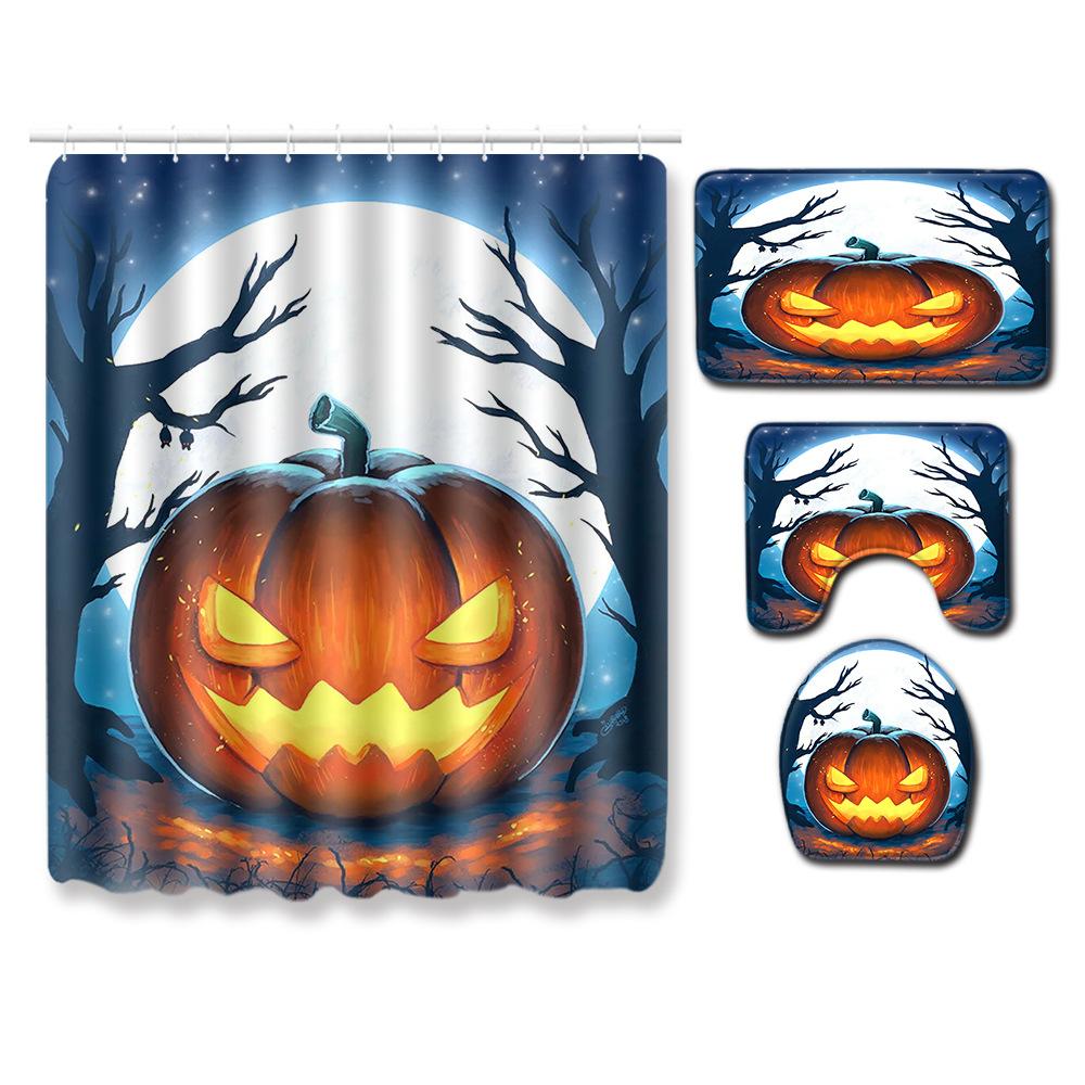 Halloween Shower Curtain Floor Mat Combination Four-Piece Set Bathroom Toilet Carpet Shower Room Foot Mat