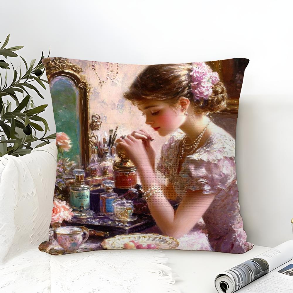 Classic Reto Oil Painting Girl  Pillow Case Linen Pillow Case Sofa Home Decor Cushion Cover Cushion Cove