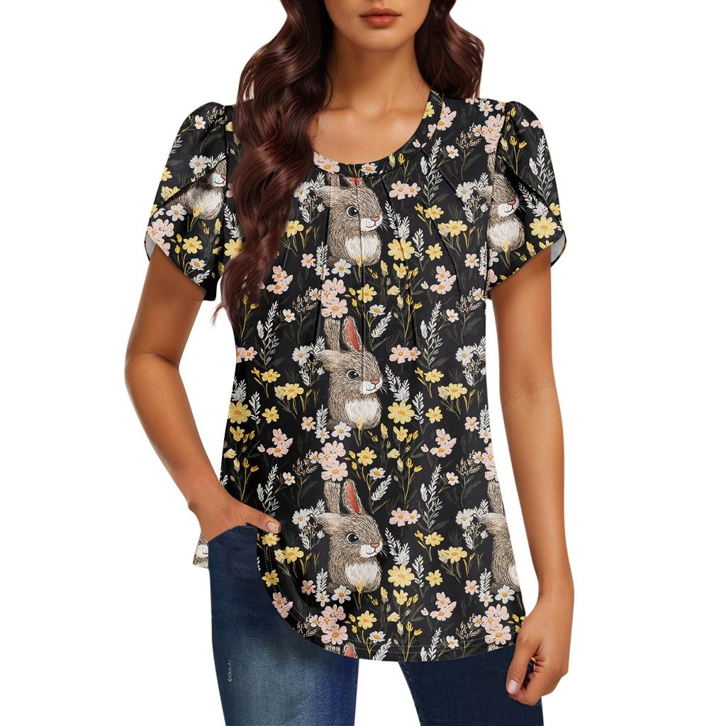 Women's Fashionable Round Neck Short Sleeve Printed Casual Basic Pleated Pullover T-shirt Top