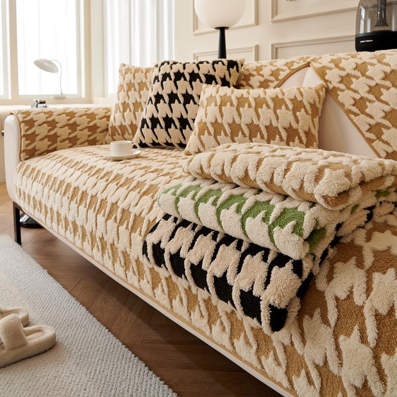 New Thousand Bird Grid Sofa Cushion Winter Thickened Warm Plush Seat Mat High End Fashionable Non Slip Dust Proof Couch Cover