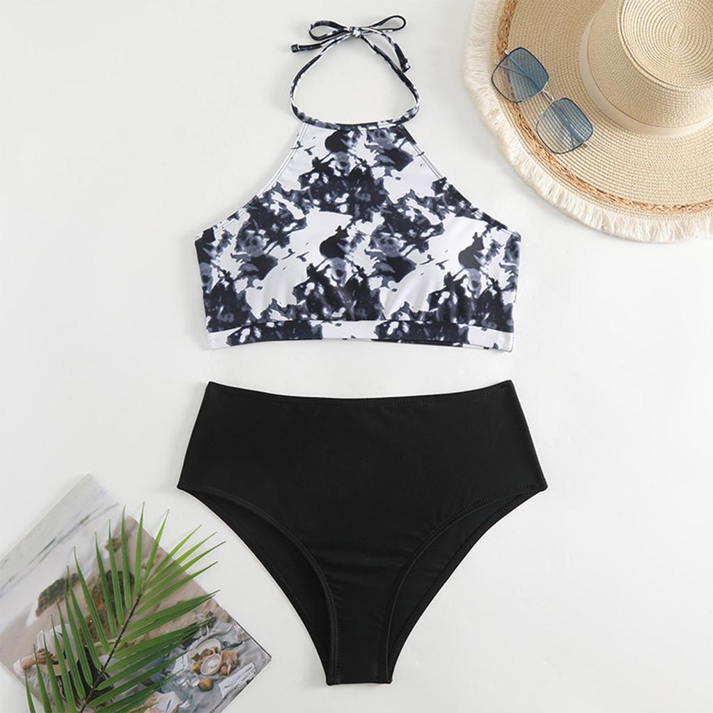 Printed Neck Hanging Split Bikini Slimming Multi Colored Women's Swimsuit