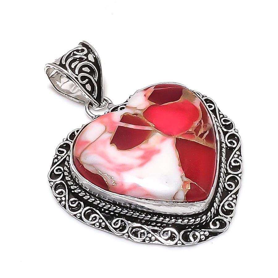 Natural Pink Dahlia Turquoise Gemstone 925 Sterling Silver Pendant 2.05 ETC-14016