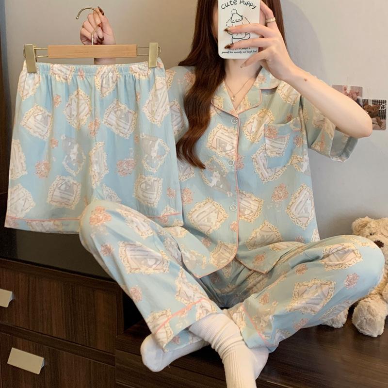 

Высококачественная ретро пижама с котиком для весны и лета, женская, с коротким рукавом, из трех предметов, из облачного хлопка, мультяшная домашняя одежда, можно носить на улице M