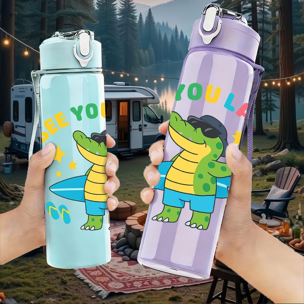 1PC See You Later Surfing Crocodile 750ml Color Plastic Sports Water Bottle Leakproof Flip Straw Lid Suitable for Sports Office Home Use
