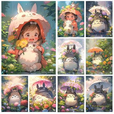 Japońskie Anime Malowanie Diamentami, Hayao Miyazaki Totoro z Haftem Diamentowym, Dziewczynka Kwiat Ręcznie Robione DIY Mozaika Dekoracja Domu