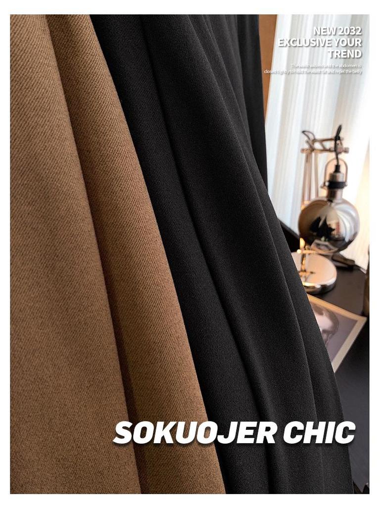 Women's High-Waisted Wool Blend Midi Skirt: Thick Pleated, Slimming Korean Style for Autumn & Winter