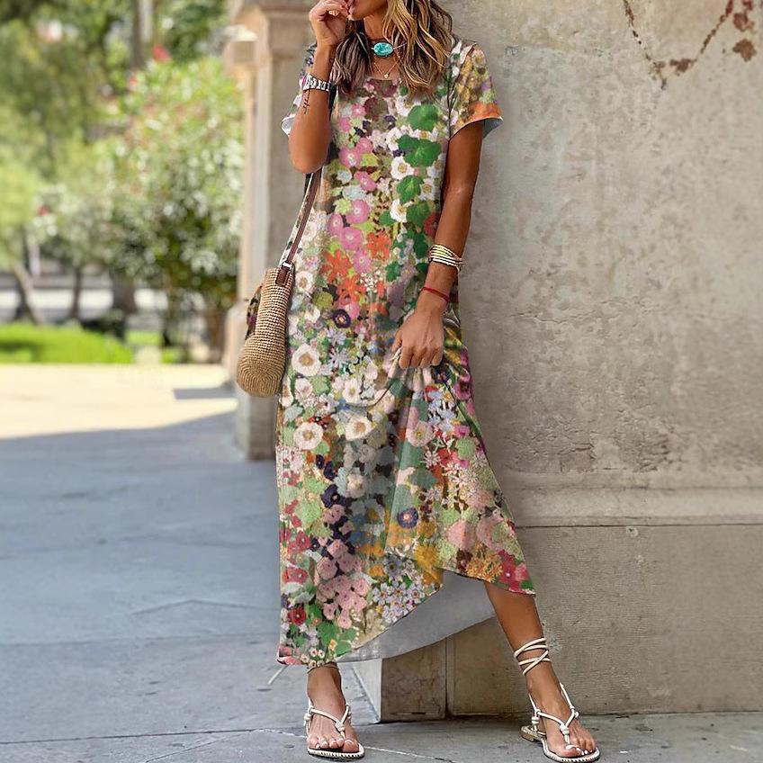 GMXIA Summer Women's Long O-Neck Short Sleeve Botanical Floral Print Dresses