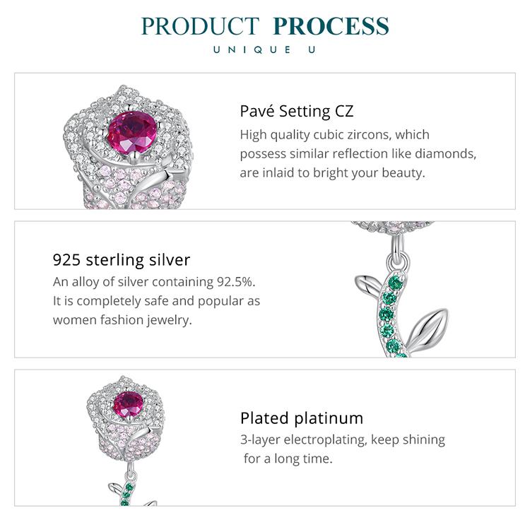 BAMOER 925 Sterling Silver Pink Zircon Rose Flower Bead Charms for Women Original Bracelet Bangle Necklace DIY Jewelry