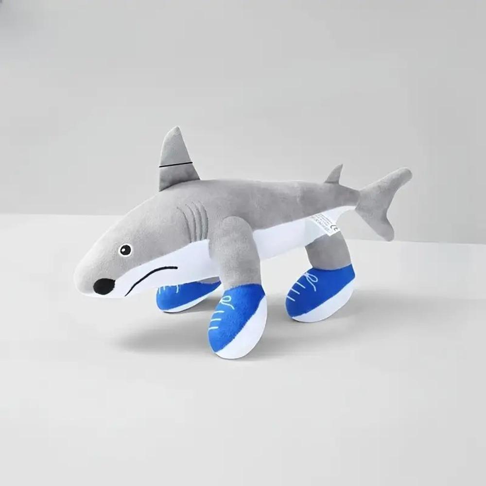 Non-Toxic Shark Plush Toy With Sneakers Cute Grey White Stuffed Animal Shark Wearing Blue Shoes Unique Running Shark Plushie For Kids