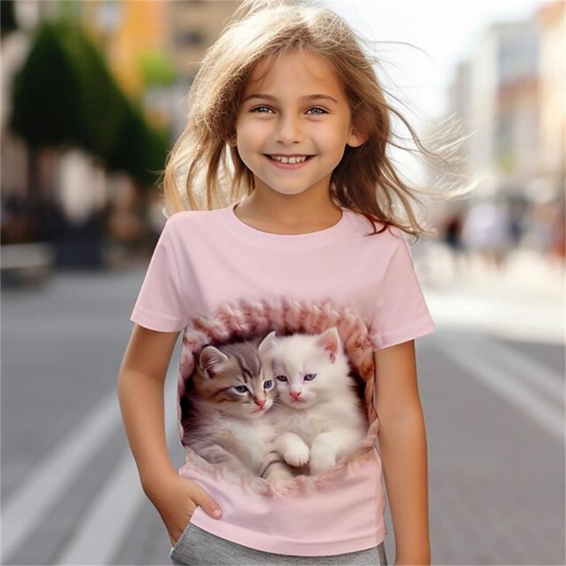 Katze Kid T-Shirt für Kinder Tops Kurzarm Pferd Sommer Kawaii Fashion Tee Mädchen Kleidung von 8 bis 14 Jahre alt Kind T-Shirt
