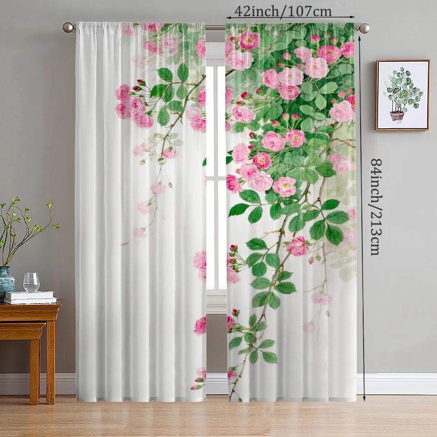 Pink Rose Printed Curtains Pole Bag Christmas Decorations Home Room Set Of 2 Made Polyester