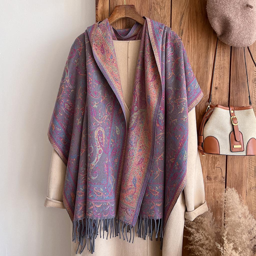 Fashion Winter Cashmere Shawl For Women - Tasseled Vintage Floral Printed Oil Painting Style Pashmina Thick Scarf & Poncho