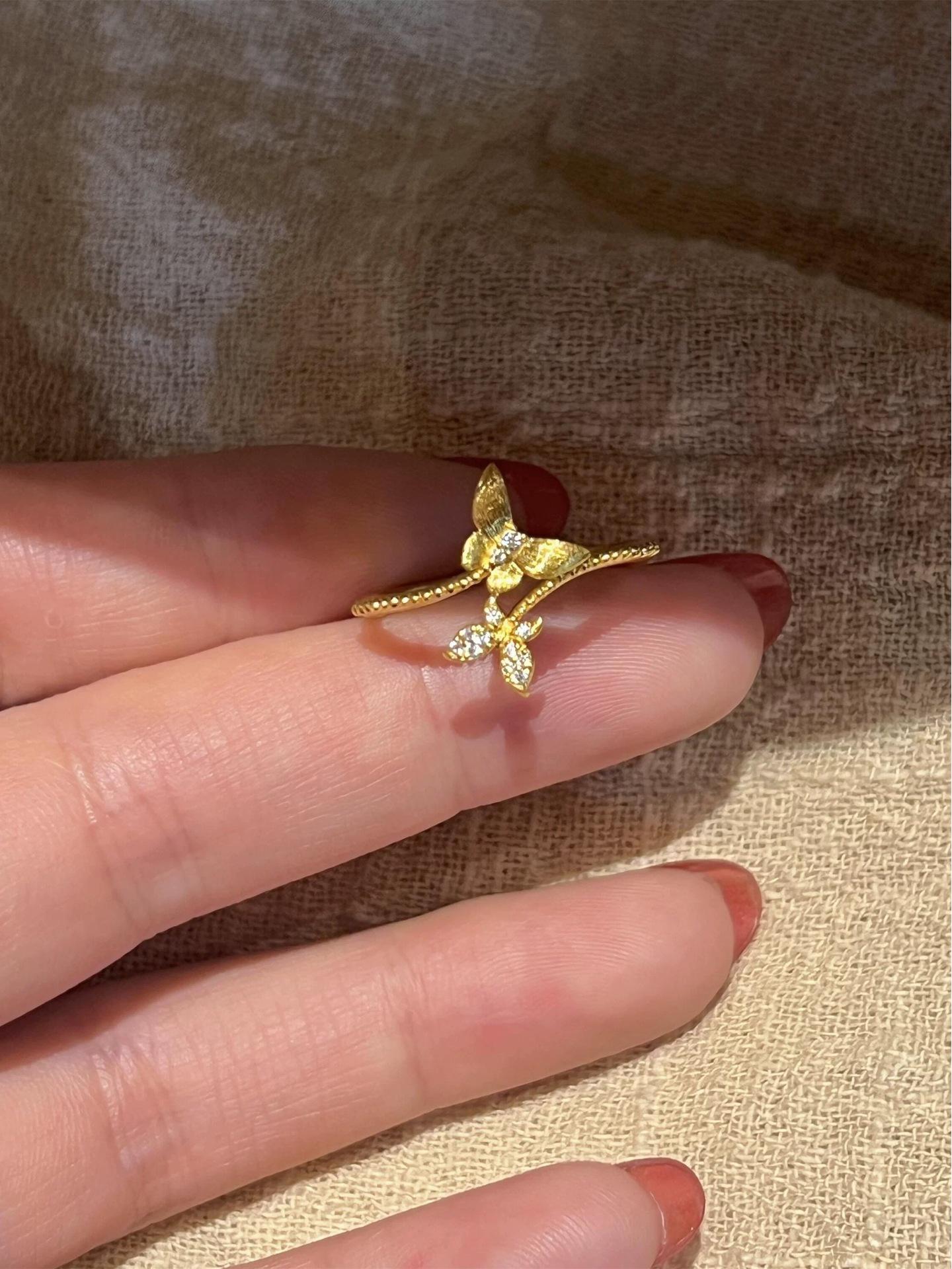 Luxury French Butterfly Diamond-Set Gold Ring - Elegant Brushed Open Design