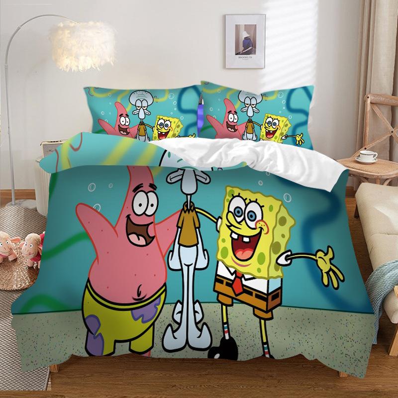 Three-Piece Home Textile Four-Piece Cartoon Spongebob Squarepants 3D Digital Printing Quilt Cover Pillowcase Bedding