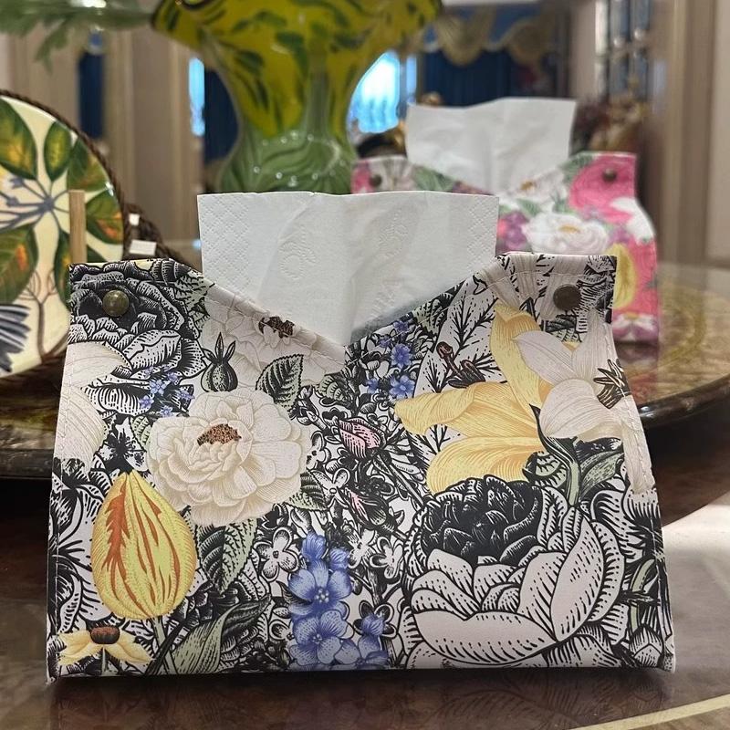 1pc Tissue Box for Home Living Room Tissue Holder Vintage PU Leather Light Luxury Oil Painting Paper Towel Cover Napkin Dispenser