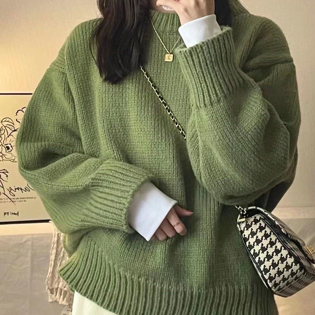 

Весенне-осенний японский свободный ленивый зеленый свитер с круглым вырезом Джокер Тонкий вязаный топ XL зелёный