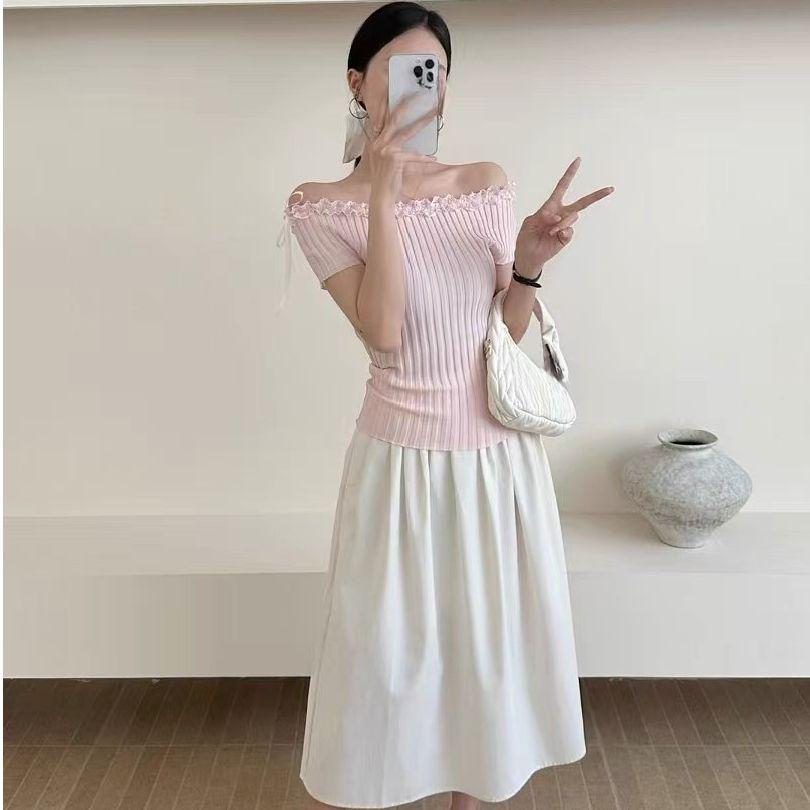 French Bow, Niche Knitted Short-sleeved T-shirt, Versatile Off-the-shoulder Top