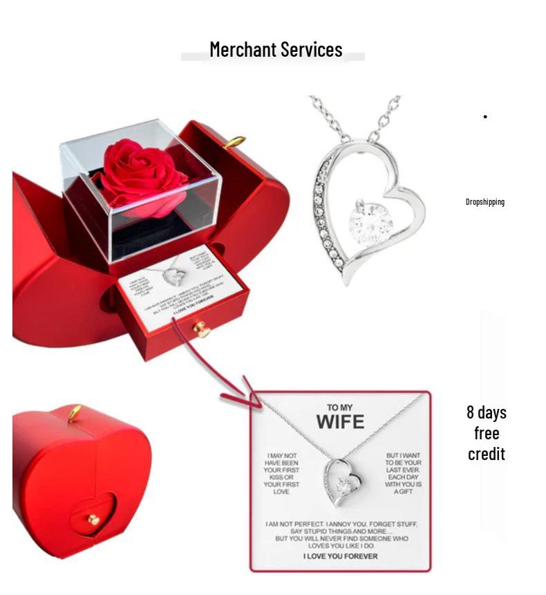 Zestaw na Walentynki i Boże Narodzenie: Naszyjnik z sercem i szkatułka na biżuterię z wieczną różą
