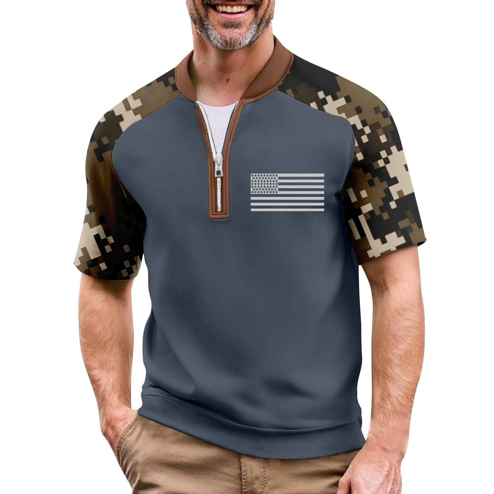 

Men s Summer Camouflage Raglan Sleeve Casual T-Shirt Sports Flag Printed Zipper Neck Top XXL коричневий