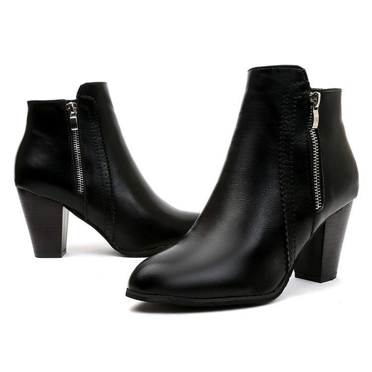 Women's Fall/Winter Vintage Chunky Heel Side-Zip Ankle Boots Solid-Color Pointed-Toe High-Heel Shoes