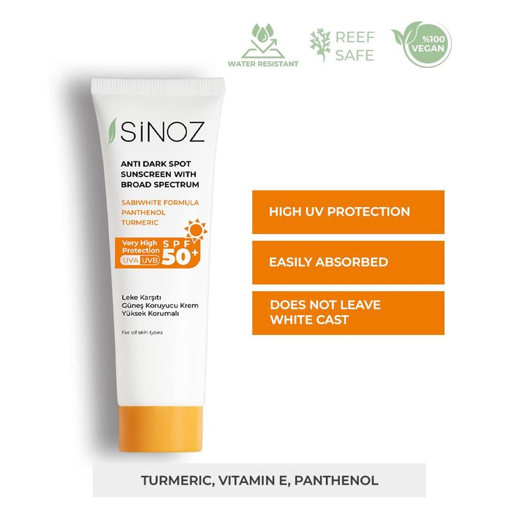 Sinoz Anti-Pigmentflecken Sonnencreme Breitband-Sonnenschutz LSF 50+ – Kurkuma- und Panthenol-Formel 50ml