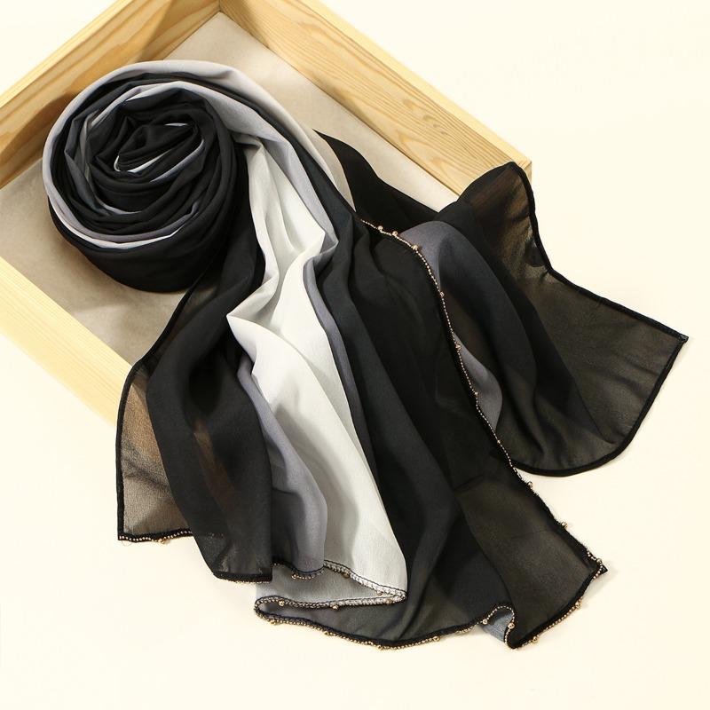 

New hot-selling chain edge gradual change pearl chiffon versatile long towel anti-wrinkle elegant simple Malay bag head towel 180*70cm