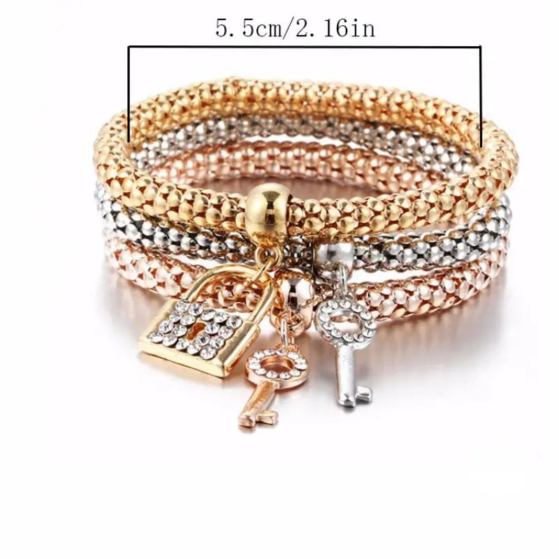 3pcs Alloy 3 Color Set Stretchy Popcorn Bracelet, Crystal 3 Pcs Key Lock Bracelet Jewelry
