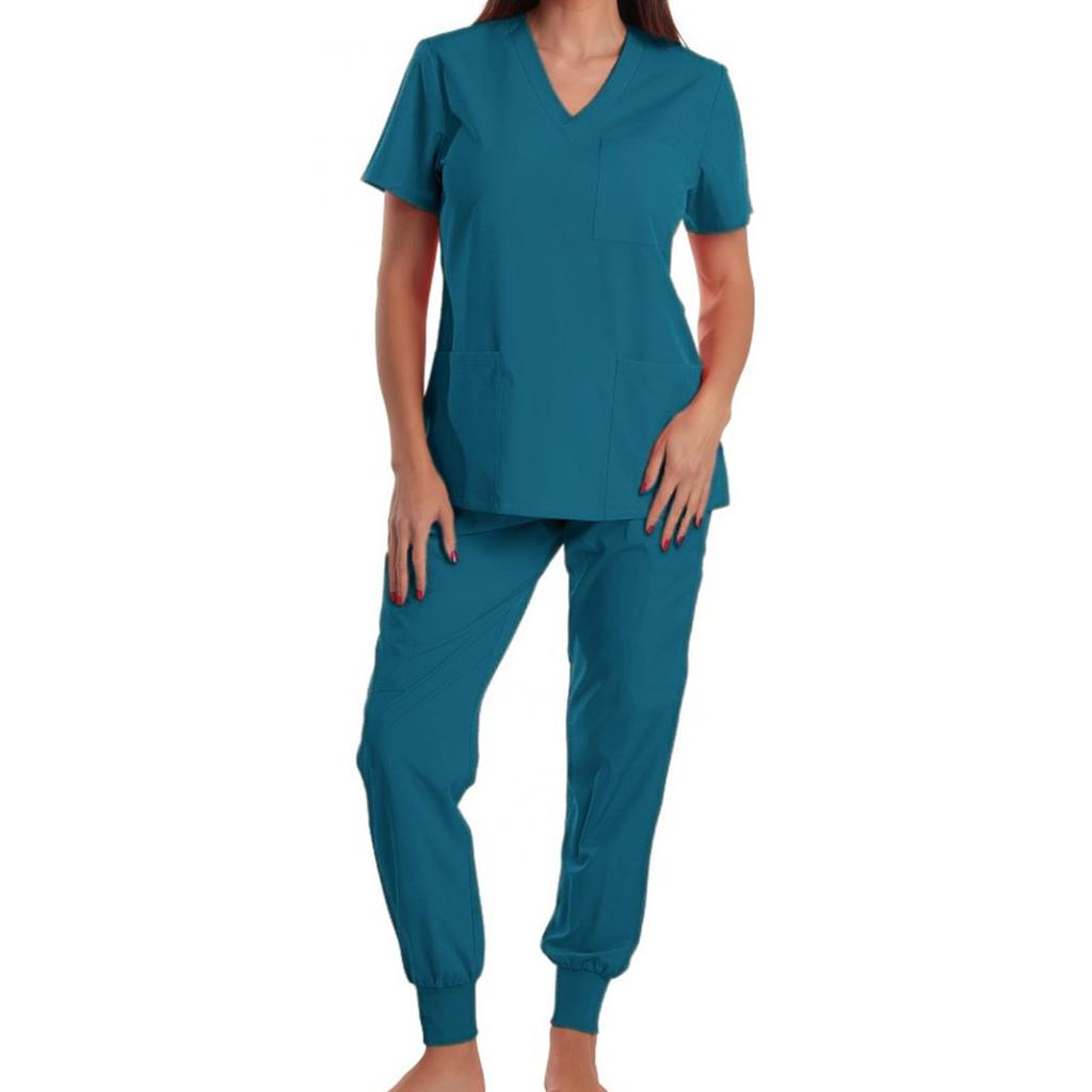 Women's Loose And Comfortable V-neck Short Sleeved Workwear With Multiple Pockets Suit Set