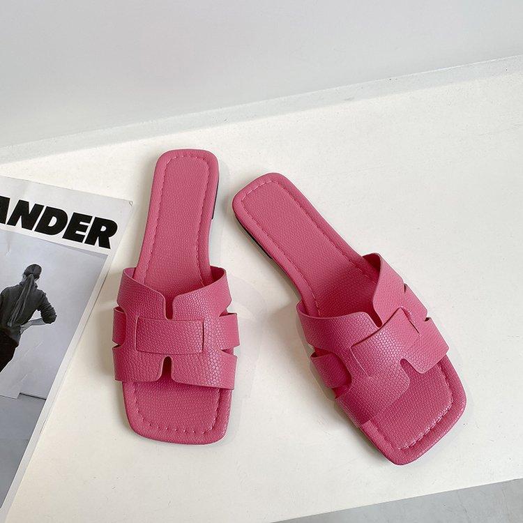 Korean version of solid color flat-bottomed slippers women's slippers European and American square head breathable one pedal home slippers women