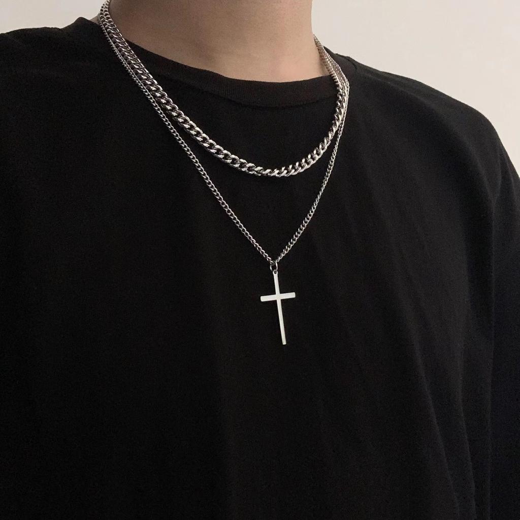 Double Cross Necklace Men's Trendy Dance Hip Hop Women's Personality Versatile Sweater Accessories