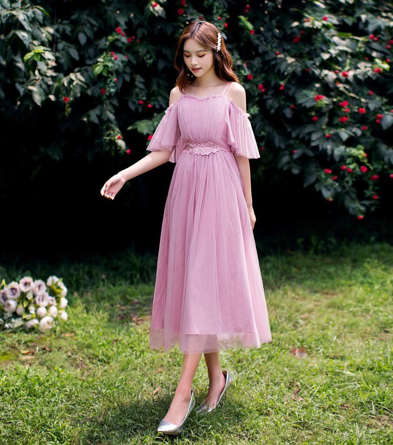 2025 New Off-the-Shoulder Bridesmaid Dress: Mid-Length, Slimming, with Fairy Charm for Special Occasions.