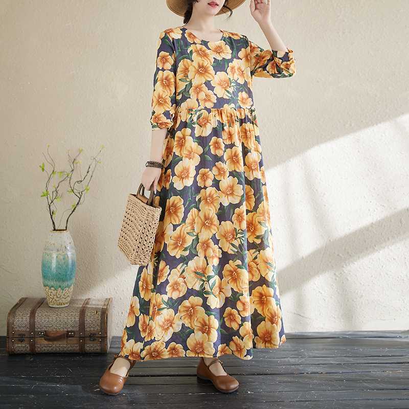 New Floral Vacation Style Travel Round Neck Vintage Long Flesh Covering Dresses