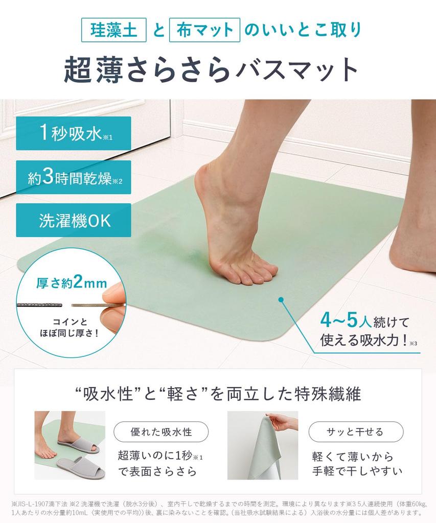 Shogeki SHOCK Magical Bath Large Made in Incredibly Thin and Absorbent Ultra-Thin, Smooth, Mat, (50x80cm), Green, Japan, Non-Slip,