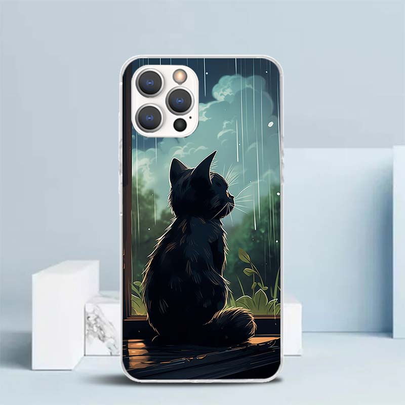 Anime Cat Rain Animal Soft Cover for iPhone 16 17 Air 15 14 Pro Max 16E Phone Case 13 Mini 12 11 7 SE 8 Print Pattern Fit Cases