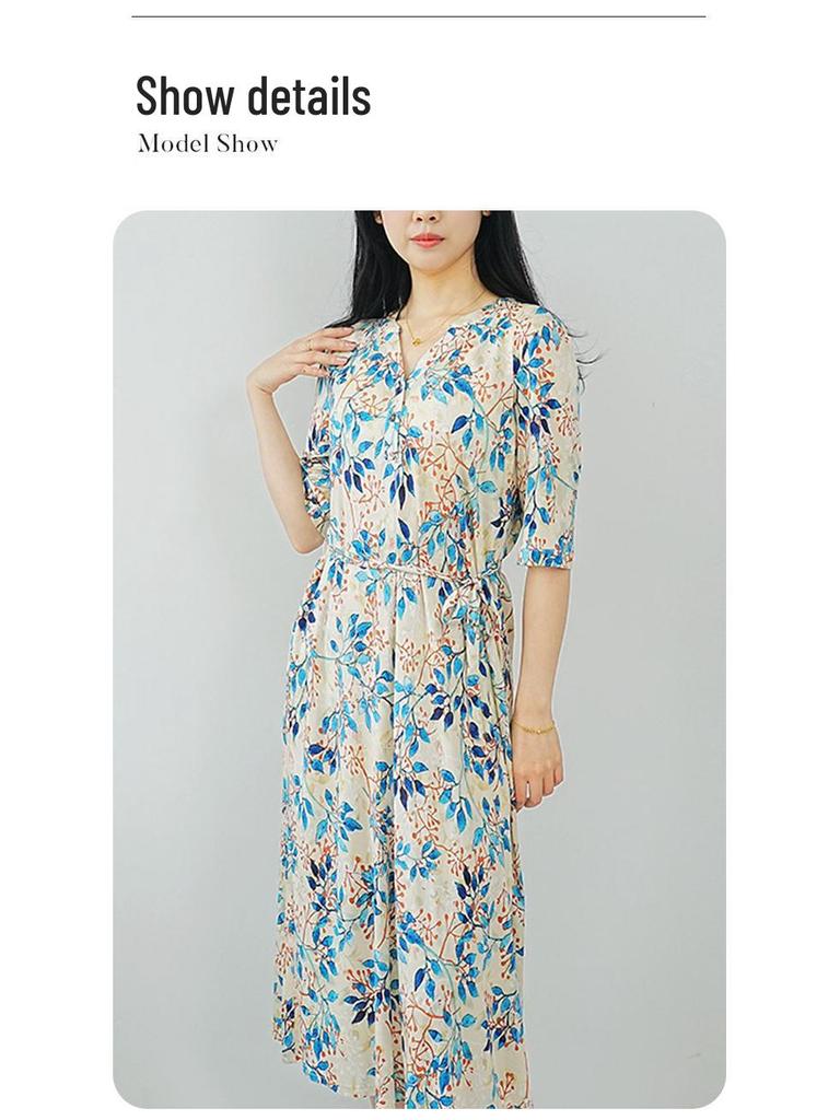 Damska długa sukienka z jedwabiu morwowego z dekoltem w serek – Dopasowana w talii, z rękawem do połowy, Wygodna