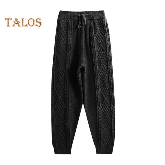 Women Harem Pants Elastic High Waist Adjustable Drawstring Knitting Pants Solid Color Loose Fit Rhombus Texture Long Trousers