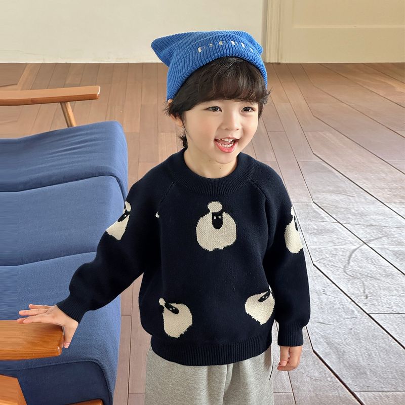 Boys' Round Neck Sweater, Children's Fleece-Lined Thickened Alpaca Wool Long-Sleeved Top, Winter Girls' Pullover Knitwear