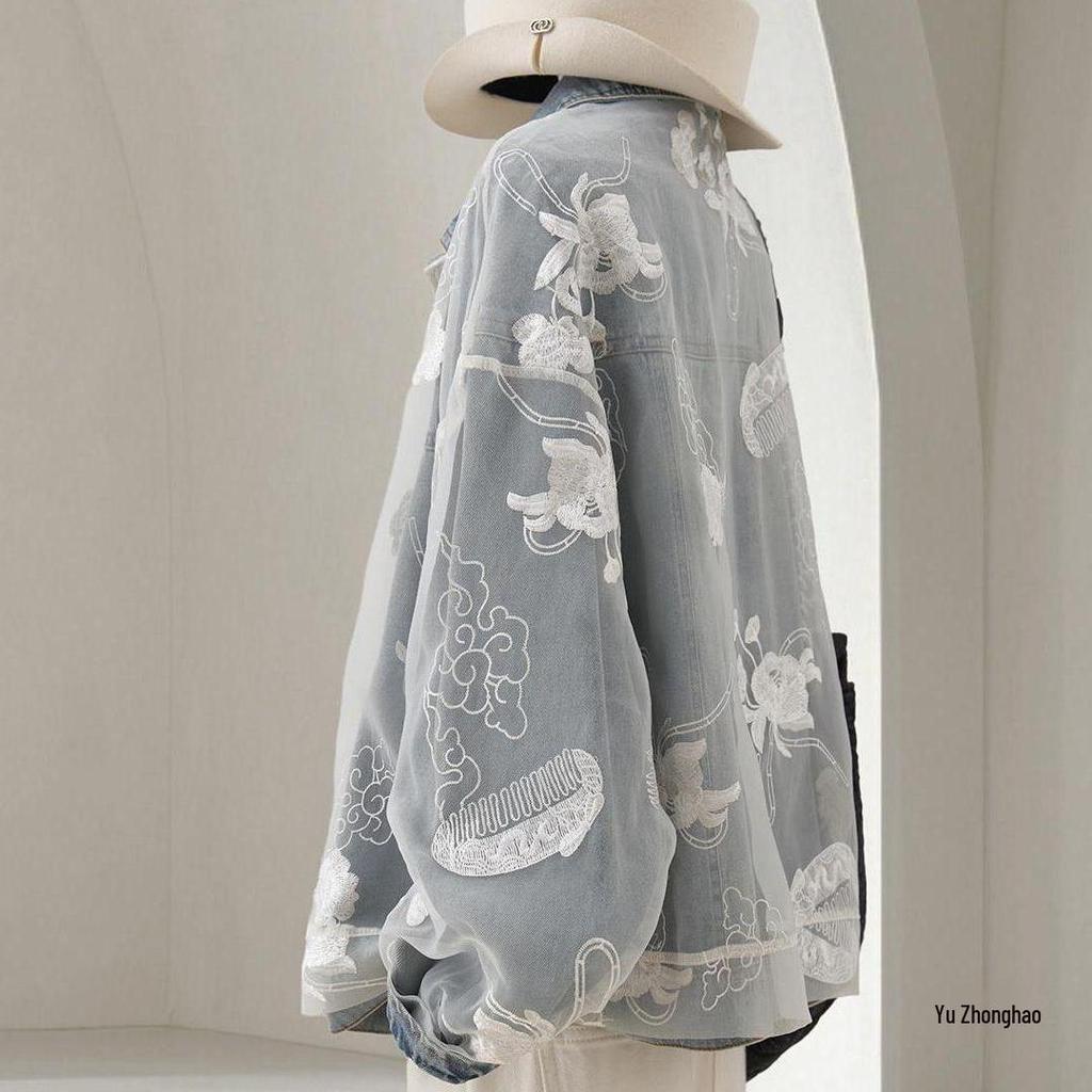 Women's Chinese Style Lace Patchwork Denim Jacket - Spring/Autumn 2026 Fashion, Age-Reducing Short Design