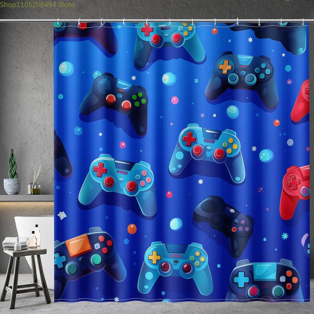 Game Themed Kids Shower Curtain-video Gamepad Player Cool Shower Curtain with 12 Hooks, Boy Bathroom Decoration Accessories