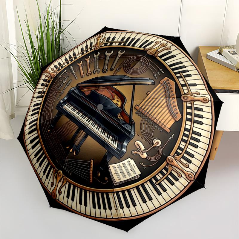 Piano Craftsmanship Emblem Pattern Umbrella, Portable and Foldable Design, 8 Ribs, a Casual Accessory for Halloween, Christmas, and Birthday Gifts.