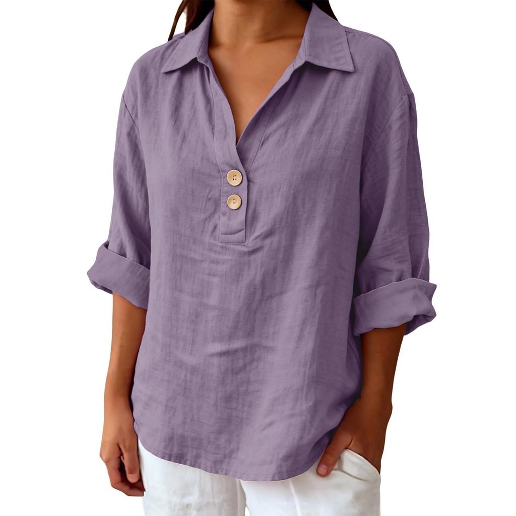 Women's Shirt Seven-Sleeve Lapel Cotton Linen Top Solided Color Casual Breathable Lapel Shirt