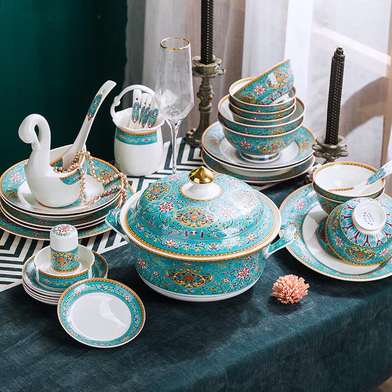 LISM 60-Piece European Style Enamel Blue Ceramic Dinnerware Set