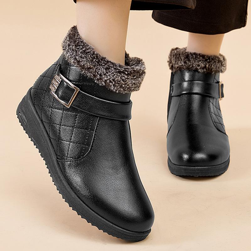 Heiß verkaufende Damen-Kurzstiefel aus weichem Leder, wasserdicht, lässig, rutschfest, bequem, für ältere Frauen, mit Baumwollplüsch