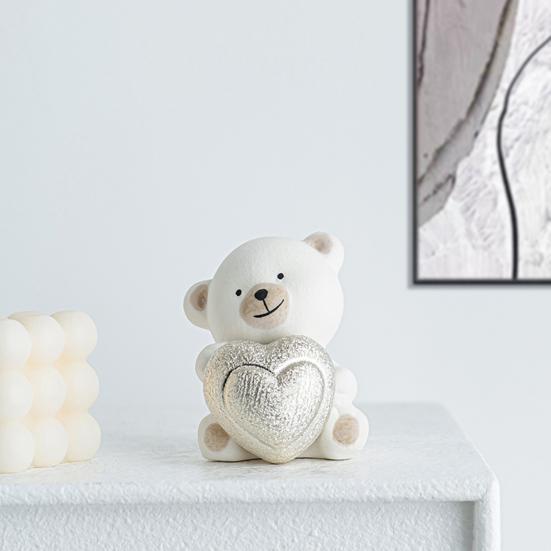 Love Bear Ceramic Figurine Small Cute Cartoon Bears with Heart Statue for Wedding Christmas Kids Room Desk Shelf Home Decor