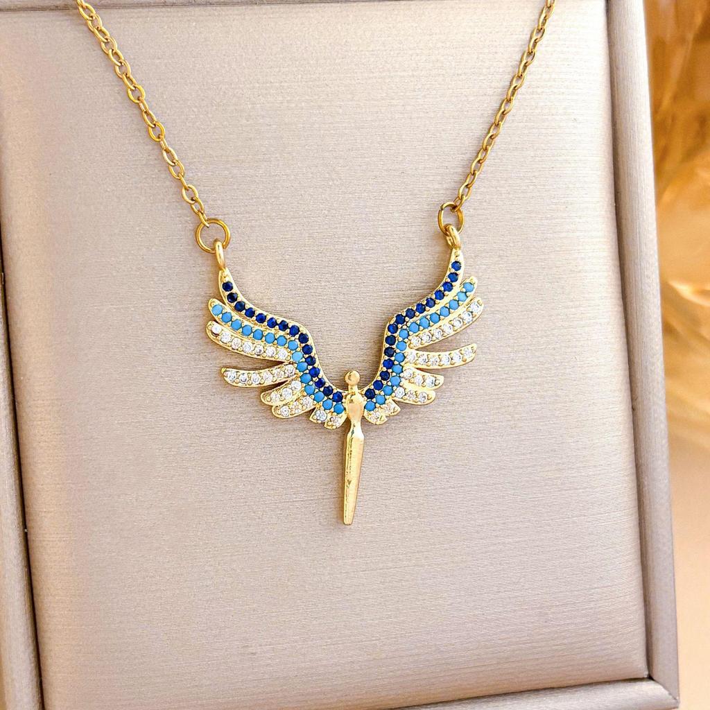 Gradient Diamond Feather Sword Pendant Necklace with Angel Wings Design