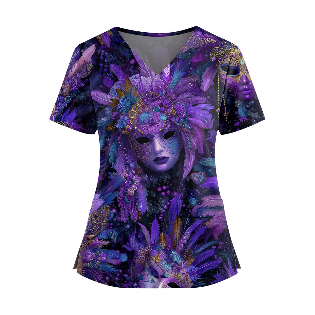 Women's Caregiver  Printed V-Neck Double Pocket Short Sleeves Hem Slit  Uniform Caregiver Top