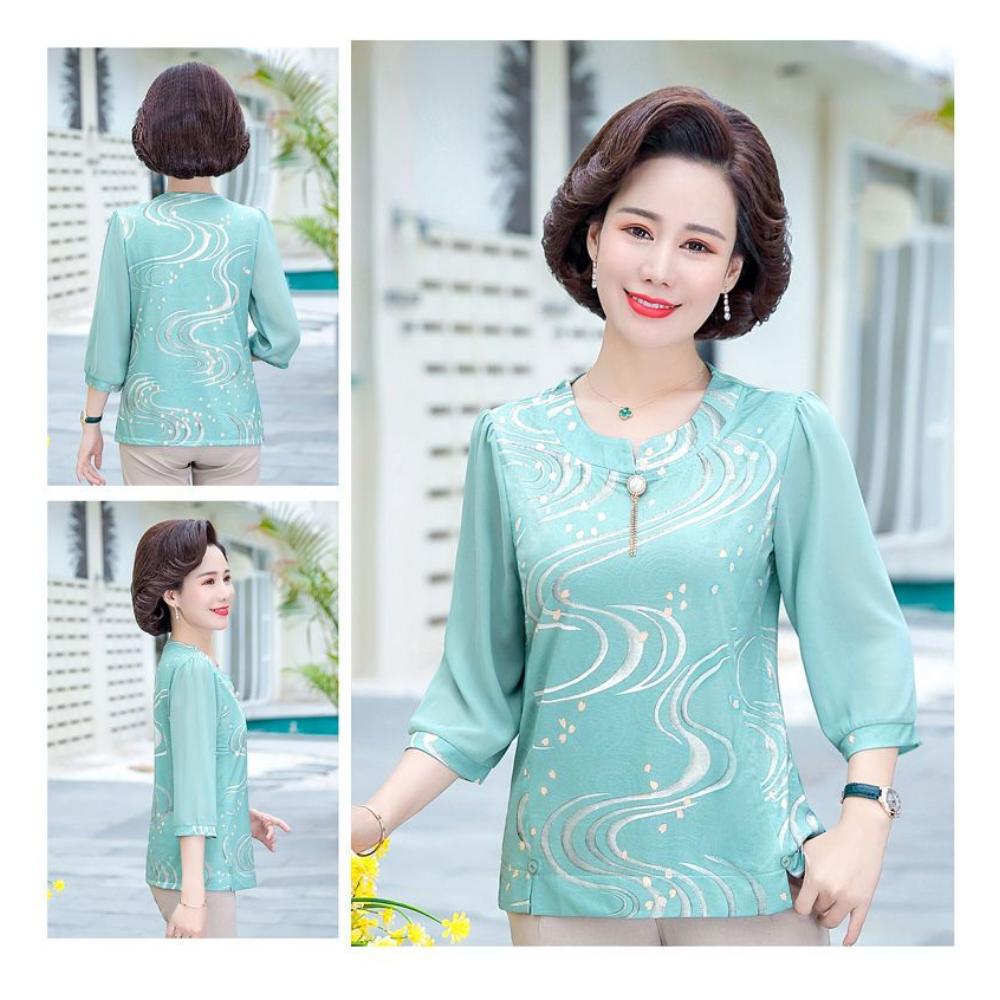Women New Stitched Round Neck Printed Fashion Loose T-Shirt Chiffon Long Sleeve Top